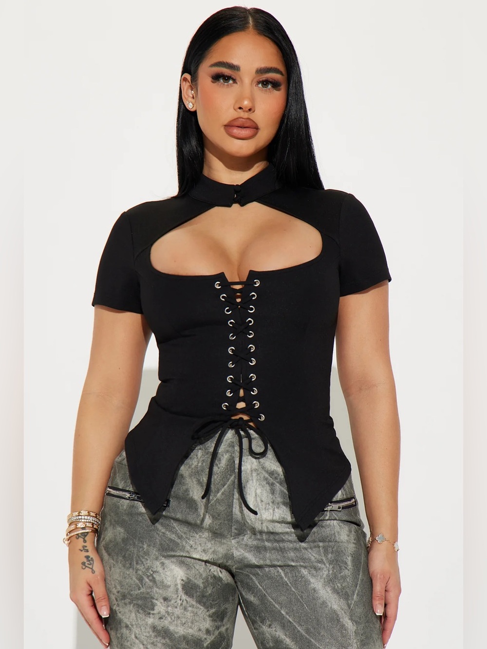Black Lace Up Corset Top Cut Out Short Sleeve NWT